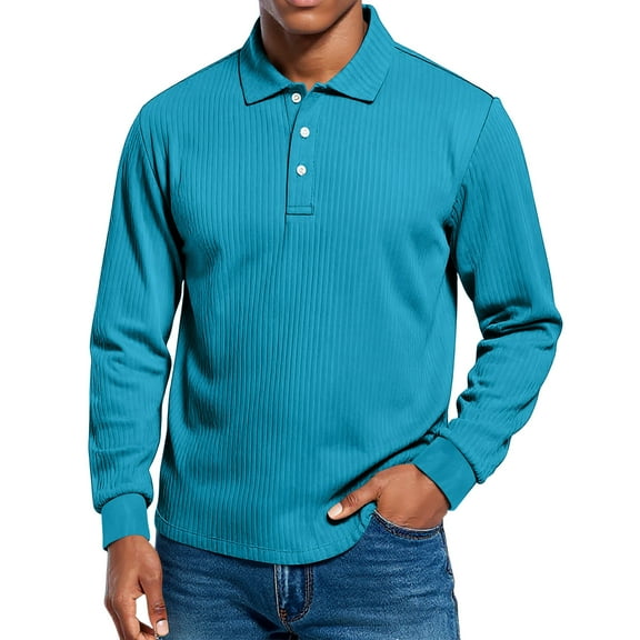 Dwelliawo Polo Shirts for Men Ribbed Button Classic Long Sleeve Shirts Casual Collar Stylish Work Dress Pullover Cyan S