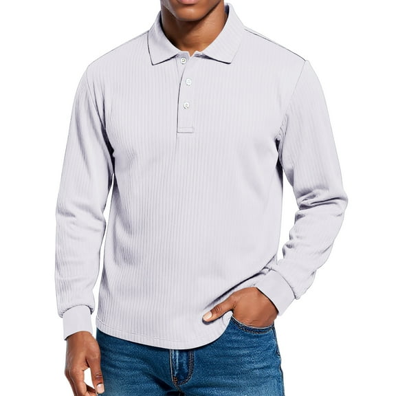 Dwelliawo Polo Shirts for Men Ribbed Long Sleeve Classic Button Shirts Casual Collared Stylish Work Dress Pullover White XL
