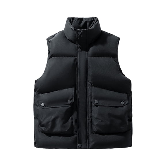 Dwelliawo Puffer Vest Men Padded Coat Loose Casual Down Vest Warm Lightweight Quilted Jacket Hiking Travel Stand-Up Collar Coats Black 3XL