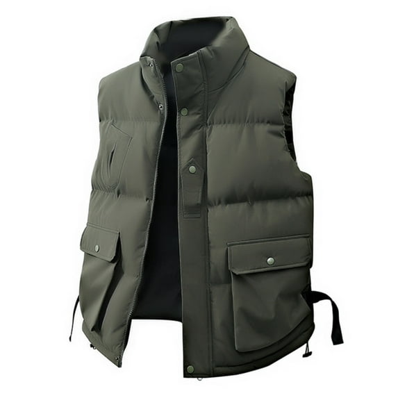 Dwelliawo Puffer Vest Men Padded Jacket Winter Warm Puffer Stand Collar Vest Casual Lightweight Thick Coats Travel Hiking Coat Army Green 3XL