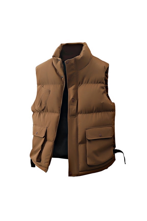Puffer Vest Men Thick Coat Loose Lightweight Down Vest Warm Winter Padded Jacket Travel Outdoor Stand Collar Coats Coffee XL