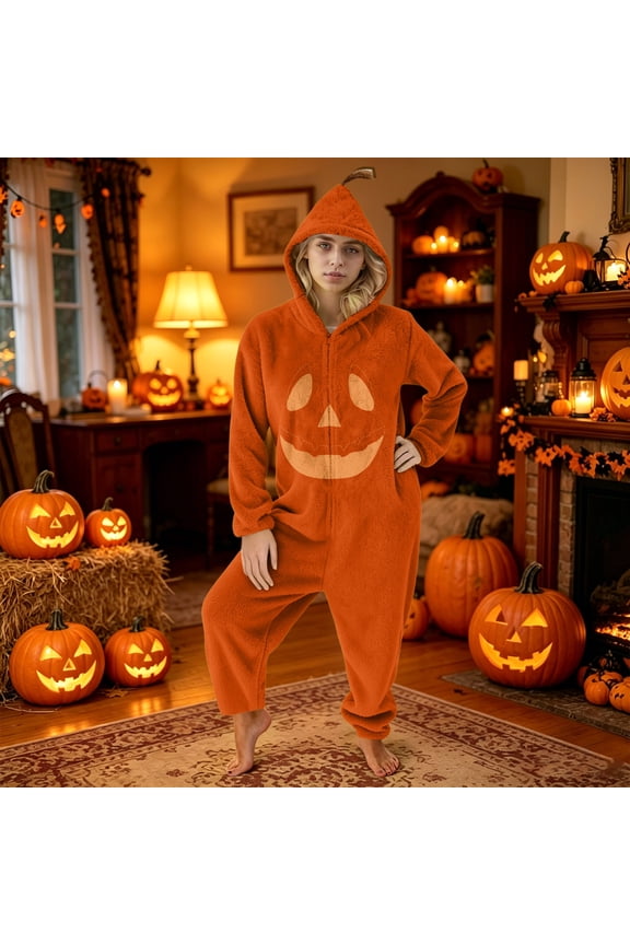 Pumpkin Onesie for Women, Plush Halloween Hooded Pajamas, Cozy One Piece Fall Loungewear Ginger 2xL