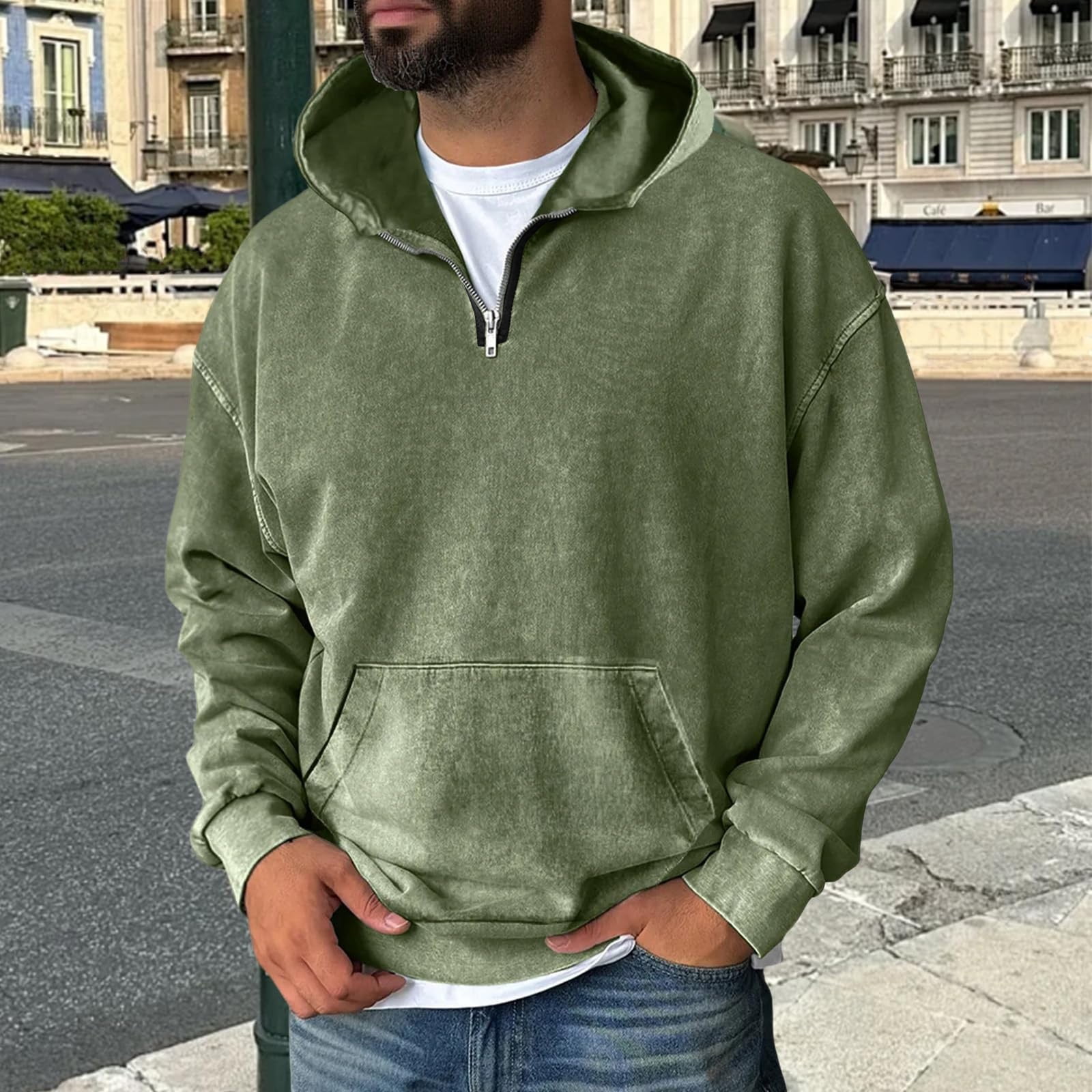 Dwelliawo Quarter Zip Hoodie Men Acid Washed Hooded Sweatshirt Vintage ...