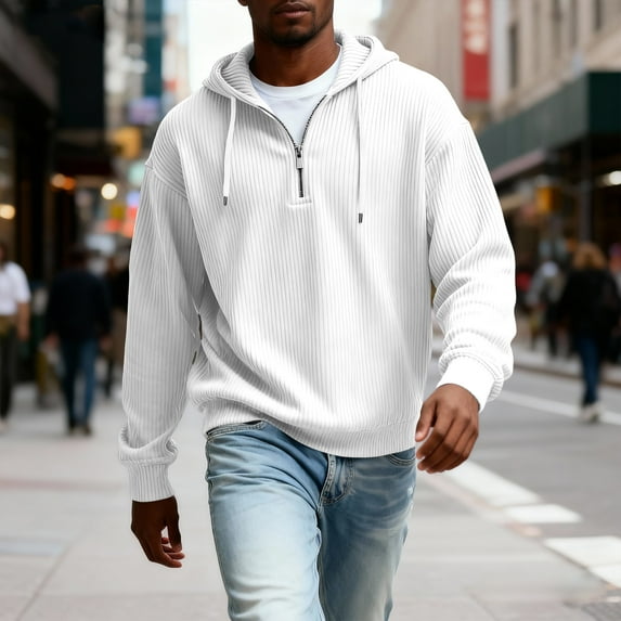 Dwelliawo Quarter Zip Hoodie Men Long Sleeve Corduroy Knit Drawstring Solid Color Hooded Sweatshirt 1/4 Zip Casual Fall Hoodies Pullover with Pockets White S