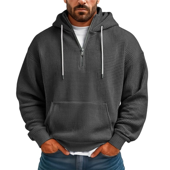 Dwelliawo Quarter Zip Hoodie Men Long Sleeve Waffle Drawstring Solid Color Hooded Sweatshirt 1/4 Zip Fashion Fall Hoodies Pullover with Hood Black 3XL