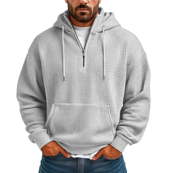 Dwelliawo Quarter Zip Pullover Men Drawstring Waffle Knit Solid Color Long Sleeve Casual Sweatshirts Fashion Fall Hoodie Pullover with Hood White 2XL