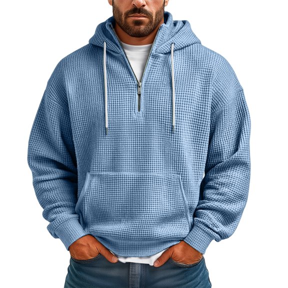 Dwelliawo Quarter Zip Pullover Men Solid Color Waffle Knit Long Sleeve Drawstring Casual Sweatshirt Fashion Fall Hoodie Pullover with Pockets Light Blue 3XL