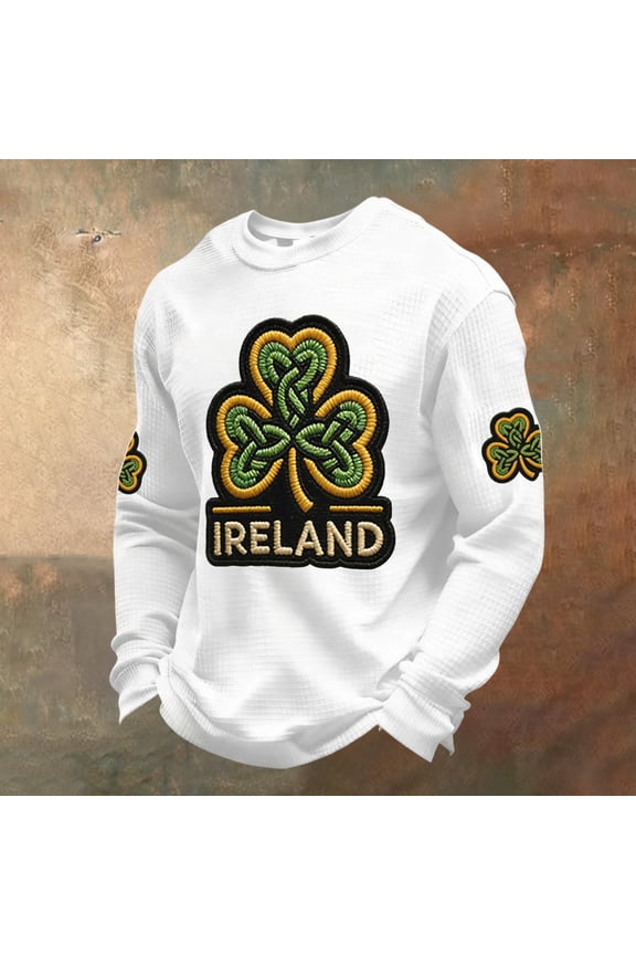 Shamrock Sweatshirt Men Graphic Waffle Knit Long Sleeve T Shirt 2026 St Patricks Day Slainte Clover Irish Clover Printed Shirts Round Neck Tops White S