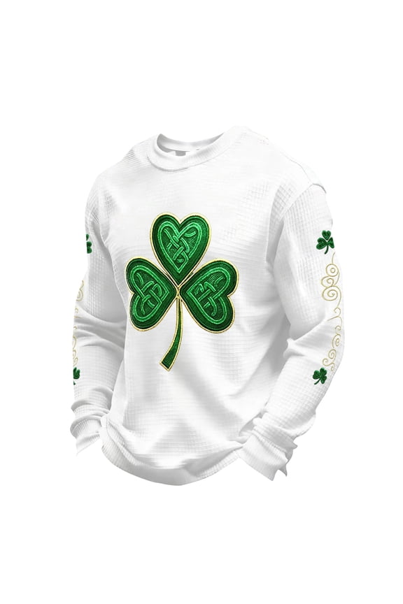 Shamrock Sweatshirt Men Print Long Sleeve Waffle Knit Tees Cute Saint Patrick's Four Leaf Clover Shamrock Graphic T Shirt Round Neck Outfit White M