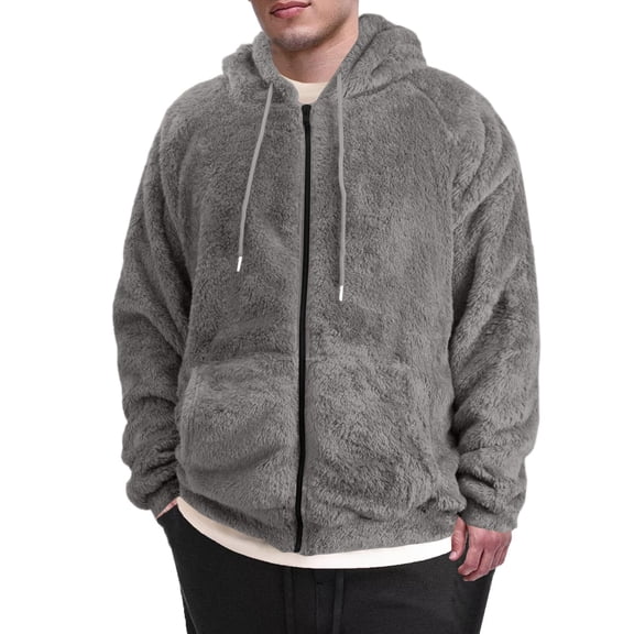 Dwelliawo Sherpa Jacket Men Heavyweight Fleece Jacket Zip Up Warm Hooded Sweatshirt Sherpa Lined Fuzzy Coats with Pockets Light Gray M