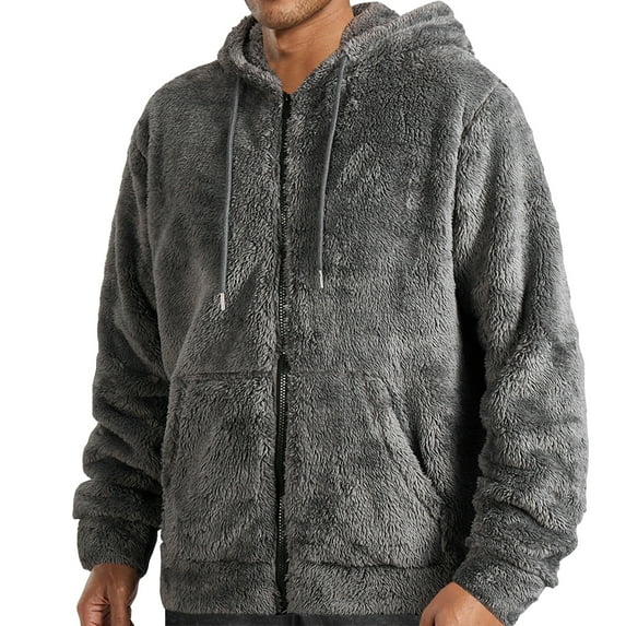 Dwelliawo Sherpa Lined Jacket Men Zip Up Warm Sherpa Lined Jacket Full Zip Casual Hooded Sweatshirts Fleece Long Sleeve Coats with Hood Gray L