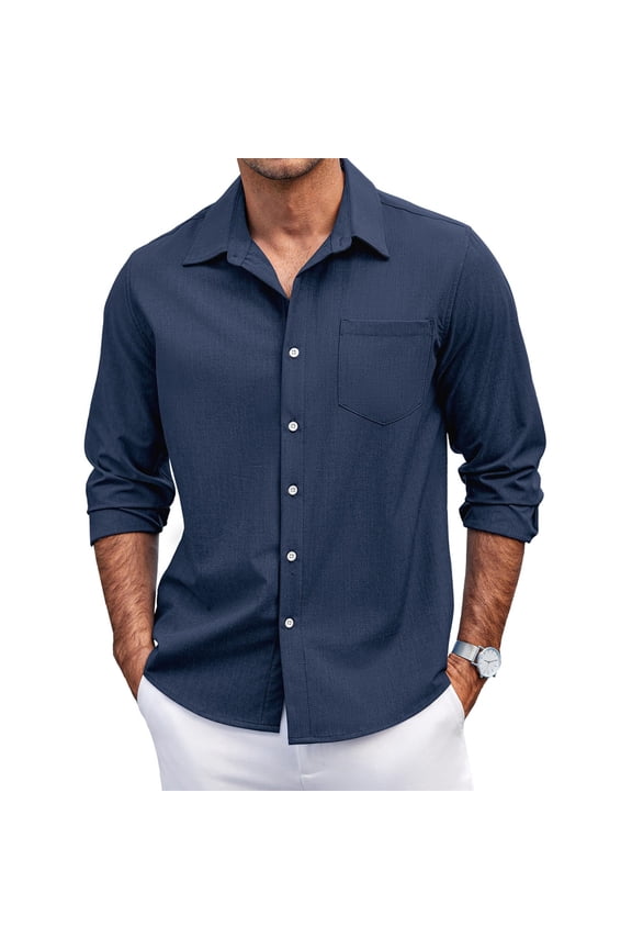 Shirt Men Lightweight Fashion Dress Shirt Long Sleeve Button Down Shirts Fall Cotton Classic Fit Outfits with Chest Pocket Navy XL