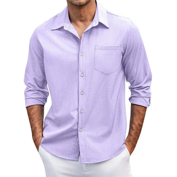 Dwelliawo Shirt for Men Casual Business Dress Shirts Fall Cotton Classic Fit Clothing Long Sleeve Button Down Shirt with Chest Pocket Purple 4XL