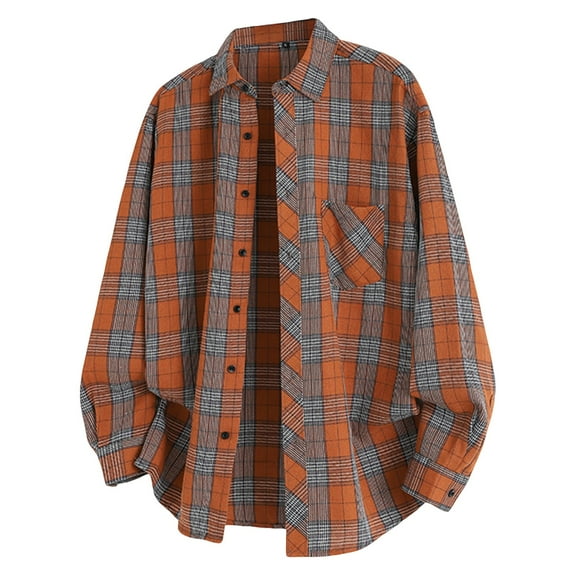 Dwelliawo Shirt for Men Plaid Button Down Shirt Casual Flannel Shirts Loose Lightweight Jacket Casual Top with Pocket Saffron L