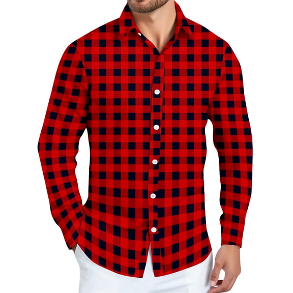 Dwelliawo Shirt for Men Plaid Button Down Shirt Casual Flannel Shirts Vintage Oversized Shirts Fall Top with Pocket Red L