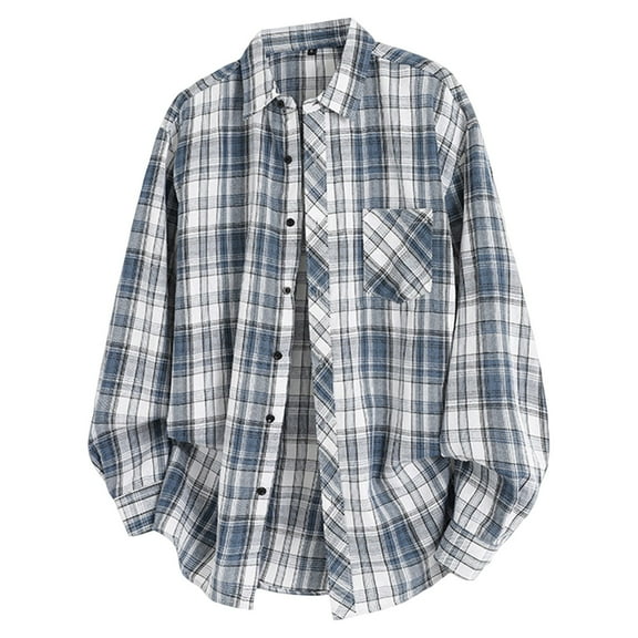 Dwelliawo Shirt for Men Plaid Button Down Shirts Casual Flannel Shirt Oversized Retro Jacket Casual Top with Pocket Dark Blue L