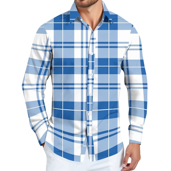 Dwelliawo Shirt for Men Plaid Flannel Shirt Casual Button Down Shirts Oversized Retro Shirt Autumn Tops with Pocket Cyan 2XL