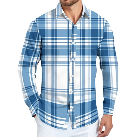 Dwelliawo Shirt for Men Plaid Flannel Shirt Casual Button Down Shirts Retro Loose Shirt Autumn Top with Pocket Light Blue 2XL