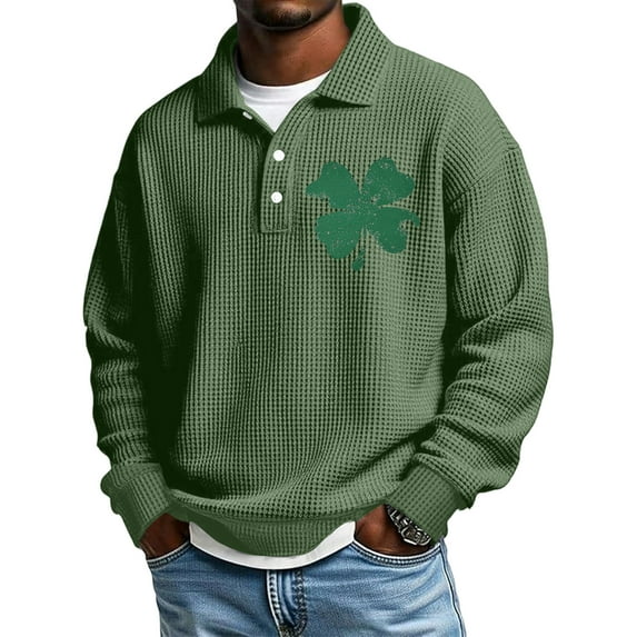 Dwelliawo St Patrick's Day Big and Tall Polo Shirts for Men Long Sleeve Golf Oversized Henley Shirt with Collar Casual Heavyweight T Shirts Big and Tall Quarter Button Waffle Shirts Dark Green L