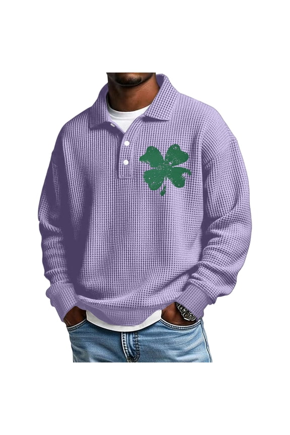 St Patrick's Day Mens Long Sleeve Polo Shirts Workout Shamrock Waffle Shirt Collared Big and Tall Heavyweight T Shirts Comfort Button Up Henley Shirts Purple 2XL