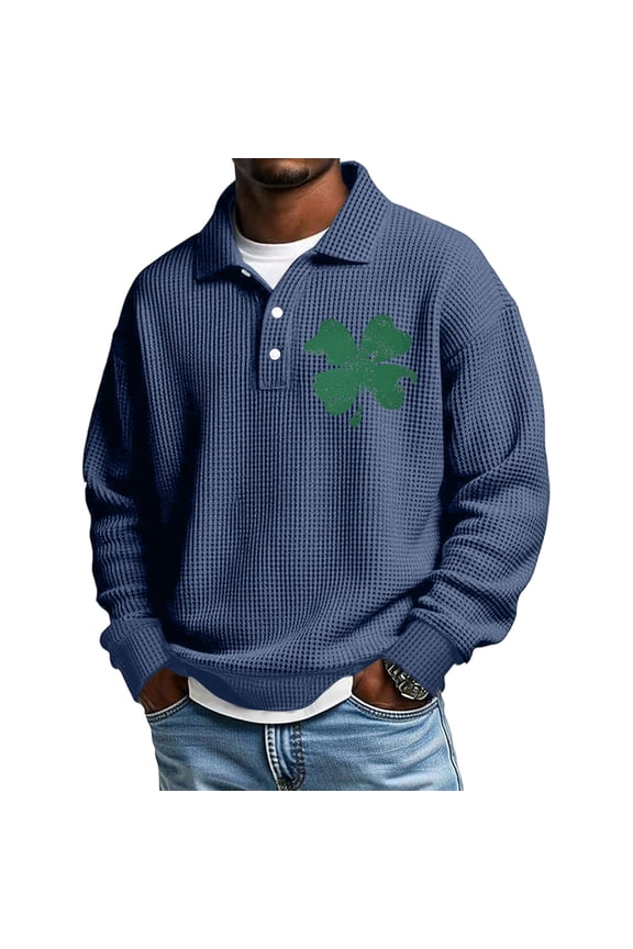 St Patrick's Day Mens Polo Shirts Long Sleeve Workout Shamrock Henley Shirt Collared Heavyweight Big and Tall Tops Comfort Button Up Waffle Shirts Navy L