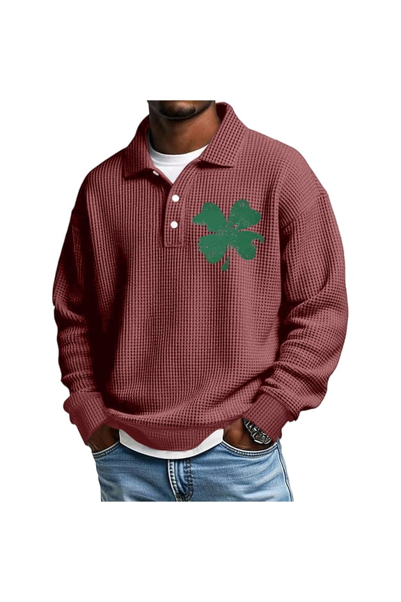 St Patrick's Day Waffle Long Sleeve Polo Shirts for Men Workout Shamrock Henley Shirt with Collar Big and Tall Casual T Shirts Heavyweight Button Up Waffle Shirts Wine 5XL