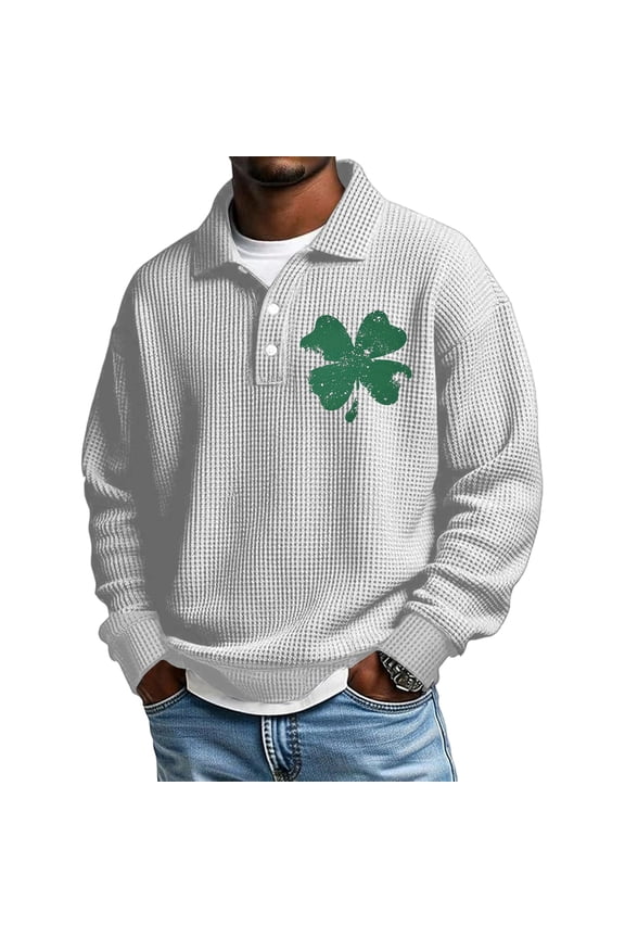 St Patrick's Day Waffle Polo Shirts for Men Workout Shamrock Henley Shirts Collared Heavyweight Casual Tshirts Comfort Button Up Waffle Shirt White M