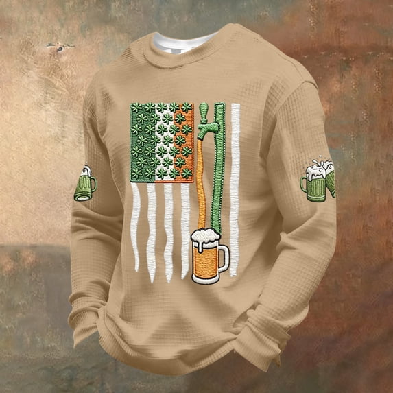 Dwelliawo St. Patricks Day Shirts for Men Print Waffle Knit Long Sleeve Tees Fashion Saint Patrick's Irish Clover Shamrock Printed Shirts Round Neck Outfit Khaki 4XL
