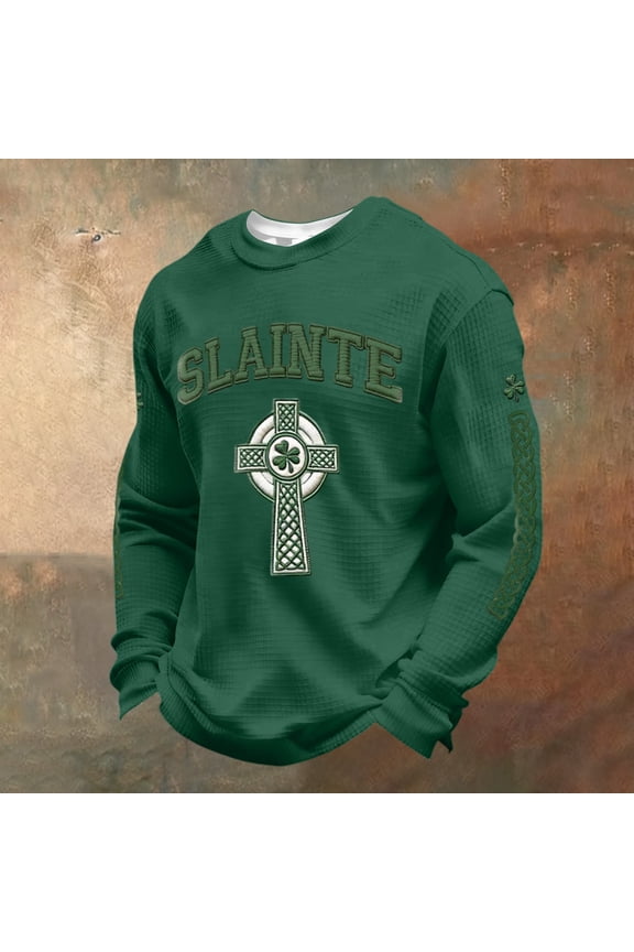 St. Patricks Day Shirts for Men Printed Waffle Knit Long Sleeve T Shirt Casual Saint Patrick's Shamrock Four Leaf Clover Print Shirts Crewneck Blouses Dark Green XL