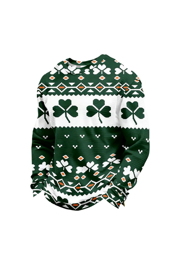 St. Patricks Day Shirts for Men Printed Waffle Knit Long Sleeve T Shirt Casual St Patricks Day Irish Clover Shamrock Print Shirts Crewneck Tops Dark Green 4XL