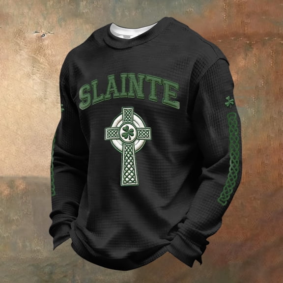 Dwelliawo St. Patricks Day Shirts for Men Printed Waffle Knit Long Sleeve Tees Cute St Patricks Day Shamrock Celtic Cross Flag Print Shirts Crewneck Outfit Black XL
