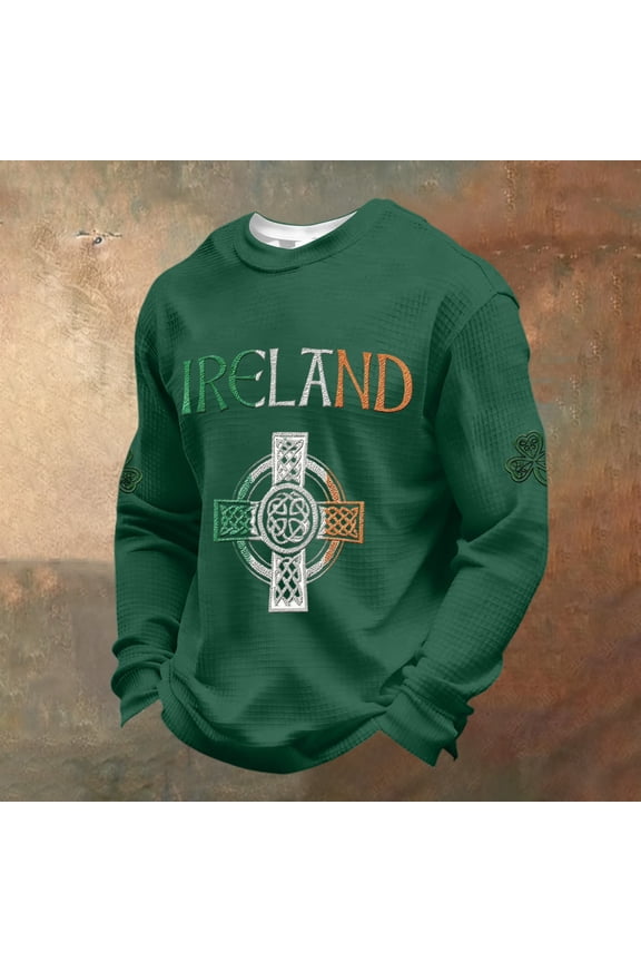 St Pattys Waffle Shirt Men Print Long Sleeve Waffle Knit Tees 2026 St Patricks Day Irish Clover Celtic Cross Flag Graphic Shirts Crewneck Tops Dark Green XL