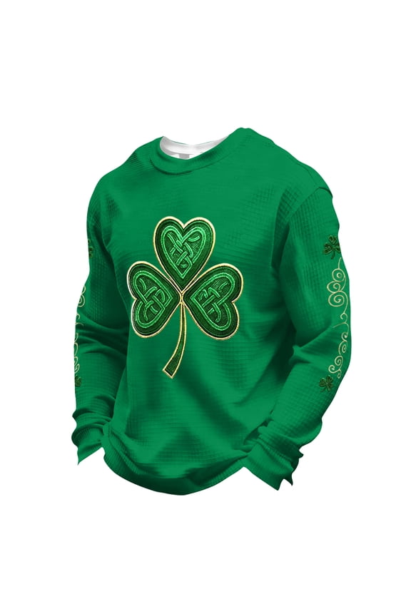 St Pattys Waffle Shirt Men Printed Waffle Knit Long Sleeve Shirts Cute St Patricks Day Shamrock Celtic Cross Flag Print T Shirt Crewneck Tops Green XL