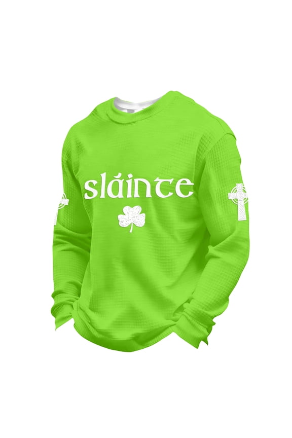 St Pattys Waffle Shirt Men Printed Waffle Knit Long Sleeve Shirts St Patricks Day Slainte Clover Irish Clover Print T Shirt Round Neck Blouses Fluorescent Green L
