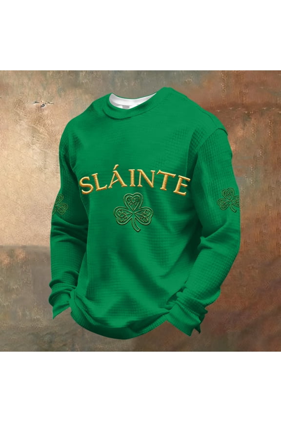 St.patrick's Waffle Long Sleeve T Shirt Men Graphic Long Sleeve Waffle Knit T Shirt Funny Saint Patrick's Four Leaf Clover Irish Clover Print Tees Crewneck Blouses Green 3XL