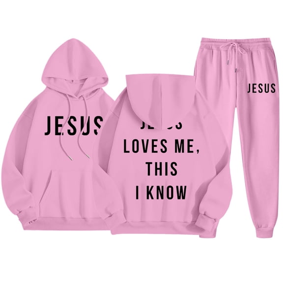 Dwelliawo Sweat Suits for Men 2 Piece Hoodie and Sweatpants Jesus Loves Me This I Know Fleece Hoodie Joggers Athletic Pant Set Relaxed Fit Winter Suit with Pockets Pink L