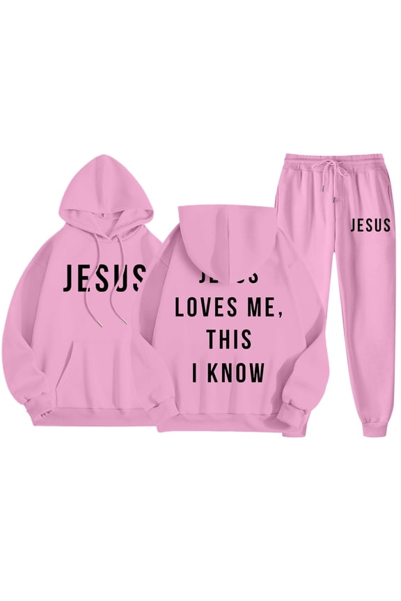 Sweat Suits for Men 2 Piece Hoodie and Sweatpants Jesus Loves Me This I Know Fleece Hoodie Joggers Athletic Pant Set Relaxed Fit Winter Suit with Pockets Pink L