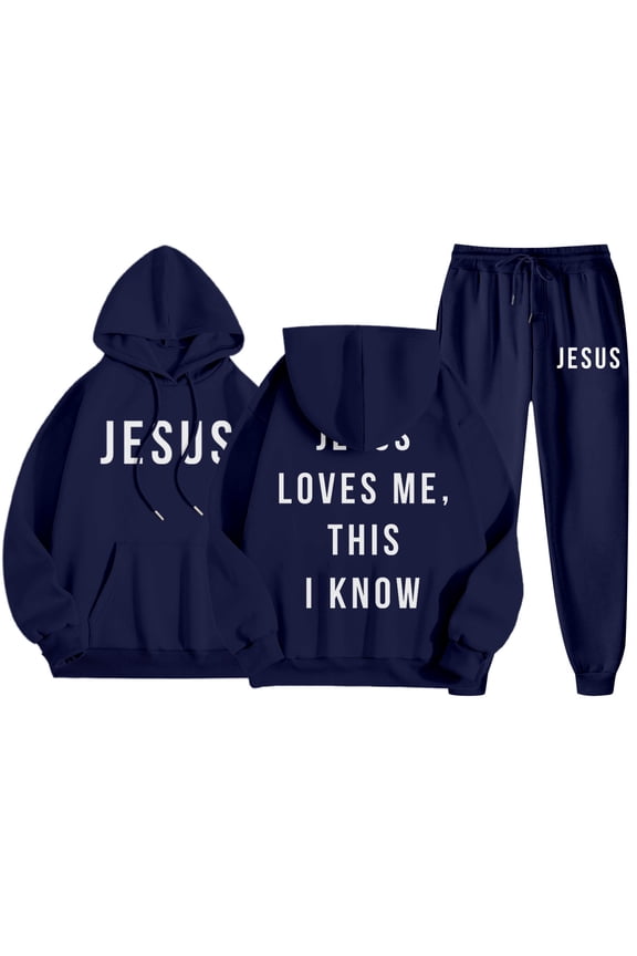 Sweat Suits for Men 2 Piece Hoodie and Sweatpants Jesus Loves Me This I Know Relaxed Fit Hoodie Joggers Running Pant Set Fleece Fall Winter Suit with Pockets Navy 3XL