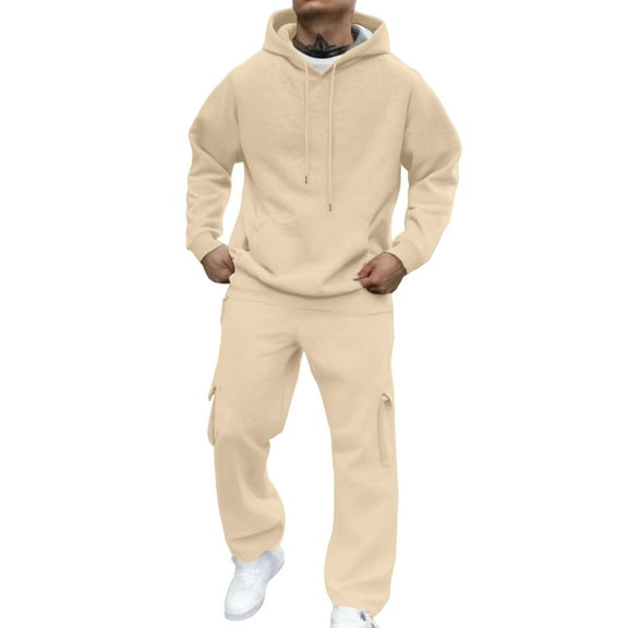 Dwelliawo Sweat Suits for Men 2 Piece Hoodie and Sweatpants Solid Color Fleece Hoodie Joggers Sport Pants Set Relaxed Fit Winter Suit with Pockets Beige 2XL