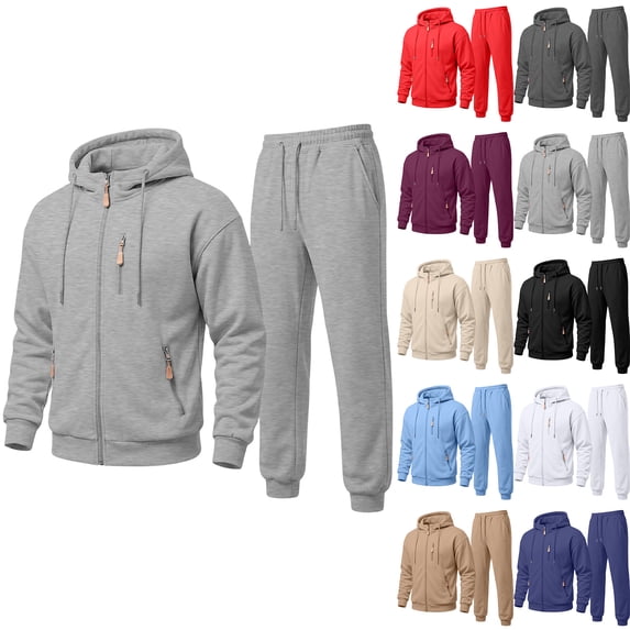 Dwelliawo Sweat Suits for Men 2 Piece Hoodie and Sweatpants Solid Color Full Zip Sweat Hoodie Jogging Running Pant Set Relaxed Fit Winter Suit with Pockets Beige L