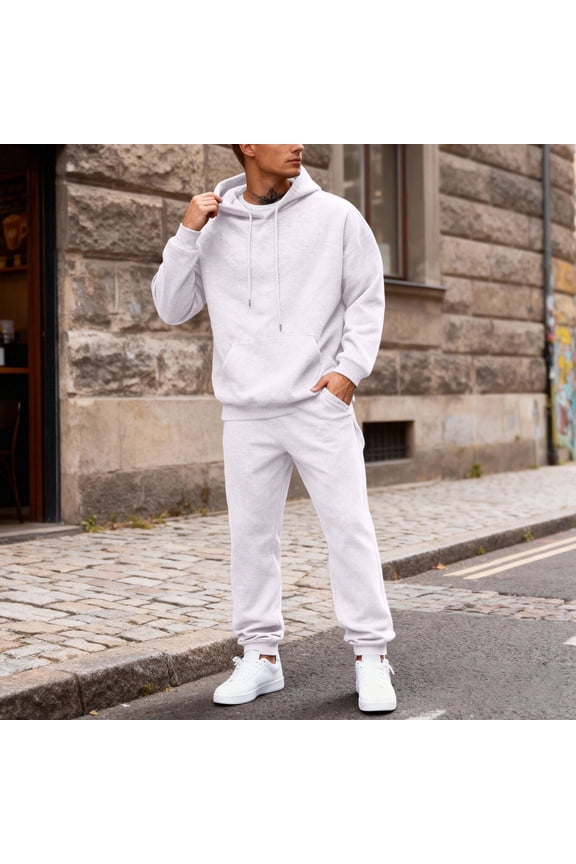 Sweat Suits for Men 2 Piece Hoodie and Sweatpants Solid Color Relaxed Fit Pullover Hoodies Joggers Athletic Pants Set Sweat Winter Suits with Pockets White L