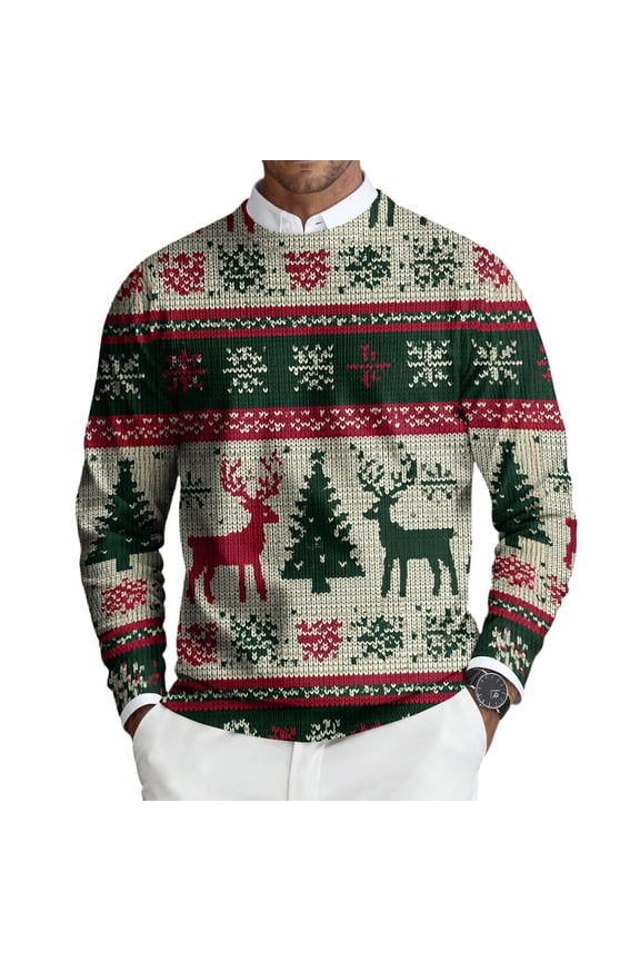 Sweaters for Men Dress Crewneck Ribbed Sweater Knitted Christmas Print Snowflake Graphic Sweaters Thick Fall Winter Pullover Sweaters Clearance Dark Green M