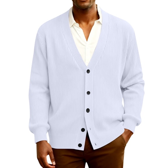 Dwelliawo Sweaters for Men Long Slevee Lightweight Sweater V Neck Casual Button Up knitted Cardigan Sweaters with Pockets Autumn Clothing Light Blue 5XL
