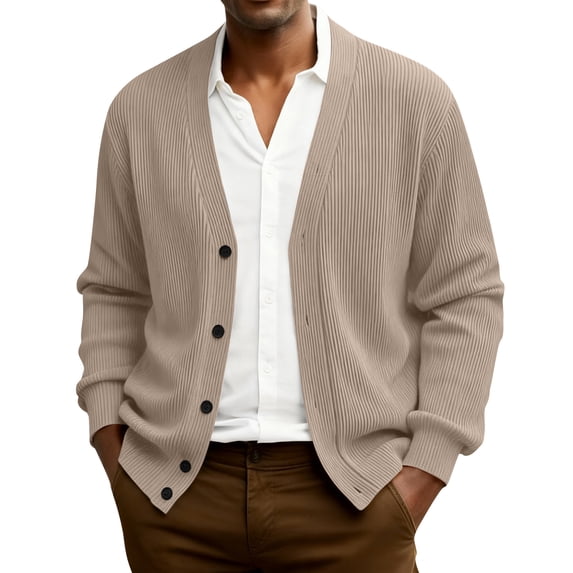 Dwelliawo Sweaters for Men V Neck Lightweight Button Down Knitted Sweater Cardigan Sweater Long Slevee Casual Sweaters with Pocket Autumn Clothing Khaki 3XL