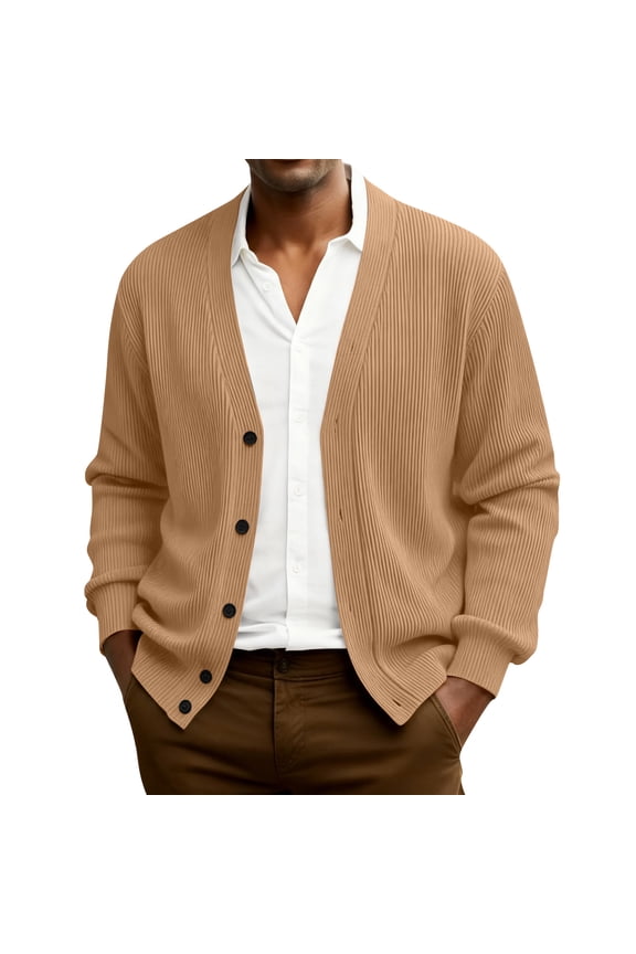 Sweaters for Men V Neck Shawl Button Up Knitted Sweater Cardigan Sweater Long Slevee Casual Sweaters with Pockets Fall Clothing Light Brown XL