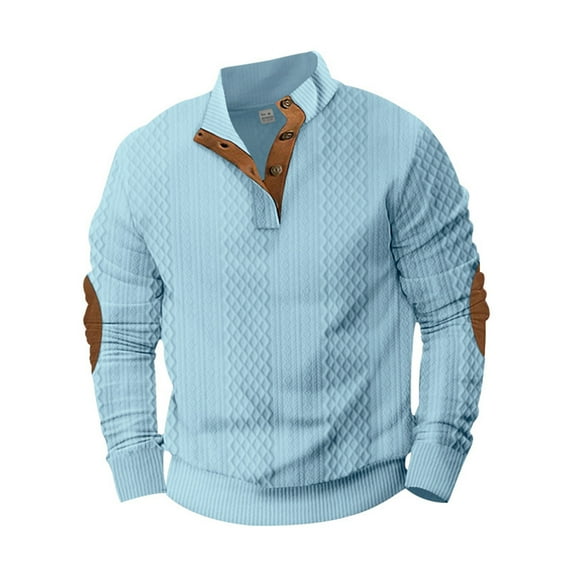 Dwelliawo Sweaters for Men Cable Knit Long Sleeve Quater Button Vintage Collar Sweater with Elbow Patches Winter Pullover Sky Blue XL