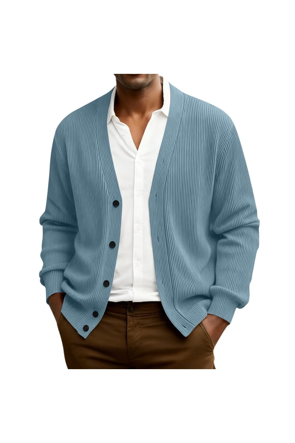 Sweaters for Men Long Slevee Lightweight Sweaters V Neck Casual Button Up Knit Wool Cardigan Sweater with Pocket Autumn Clothing Blue XL