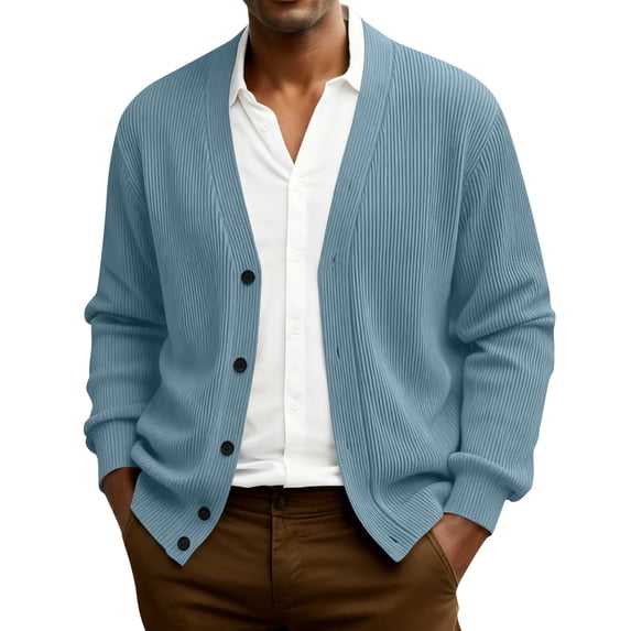 Dwelliawo Sweaters for Men Long Slevee Lightweight Sweaters V Neck Casual Button Up Knit Wool Cardigan Sweater with Pocket Autumn Clothing Blue XL