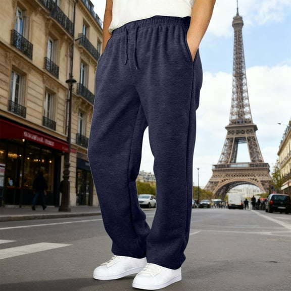 Dwelliawo Sweatpants for Men Elastic Waist Straight Leg Gym Pant Athletic Lounge Loose Sweatpant with Pocket Fall Lightweight Pants Navy M