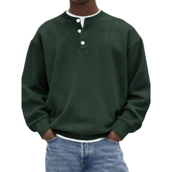 Dwelliawo Sweatshirts for Men Corduroy Henley Collared Button Down Shirt Ribbed Knit Trendy Shirts Vintage Lightweight Tops Pullover Dark Green M